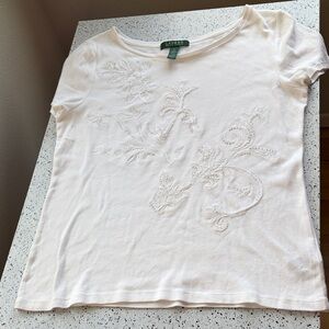 White tee with embroidery beads sequins cap sleeve